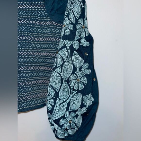 Anthropologie Women’s Small Smocked Embroidered Sequins Puff Sleeve Blue Top - Picture 4 of 11